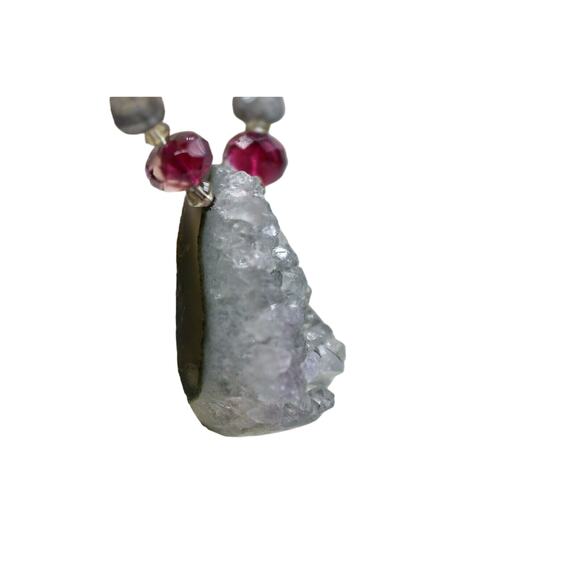 Geode Pendant Necklace Natural Cracked  Statement Red Crystal Beaded BinA - Picture 3 of 12